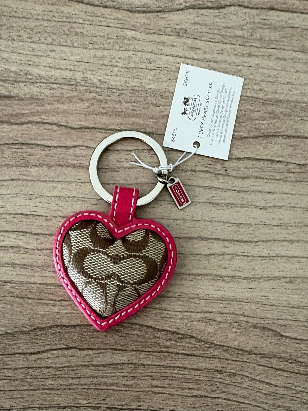 Coach Pink Puffy Signature Collection Heart Keychain